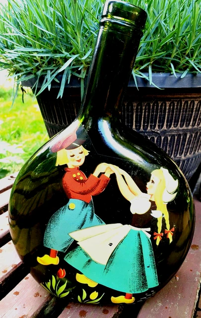 Pennsylvania Dutch Folk Art 2 Children Clog Dancing Glass Bottle Dark Green Vtg