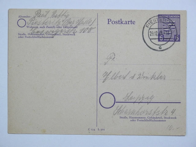 (q871) SBZ Ganzsache P 10 von Piesteritz 29.12.1945 nach Leipzig