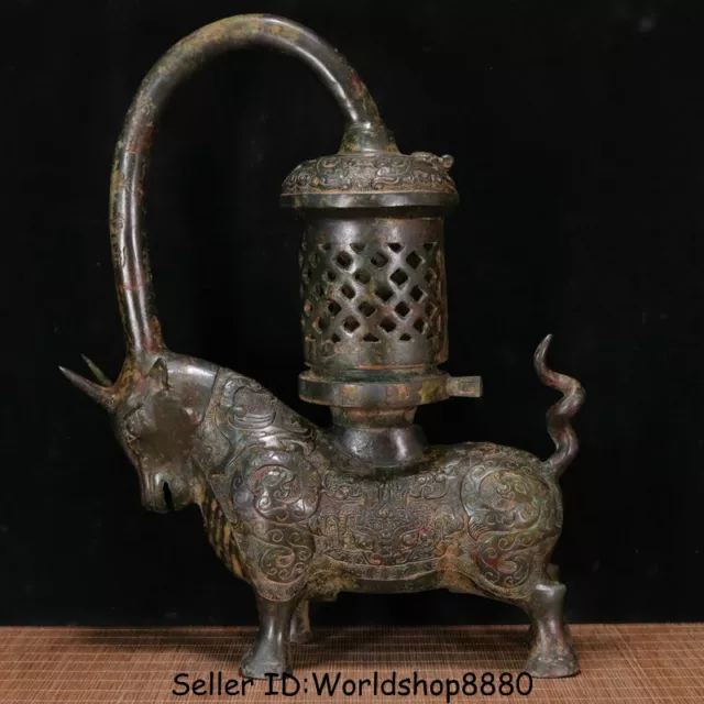 14.8" Old Chinese Bronze Ware Dynasty Bull Oxen Zun Statue palace lantern lamp