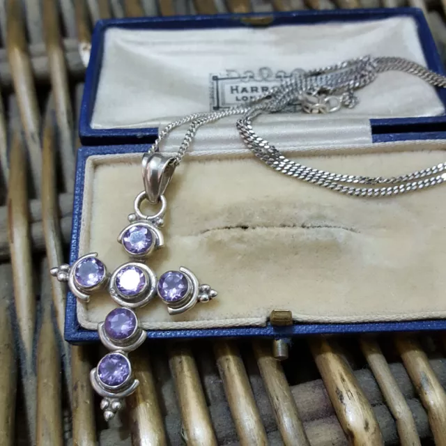 Vintage 925 Sterling Silver Necklace, Natural Amethyst Cross, 925 Silver Cross