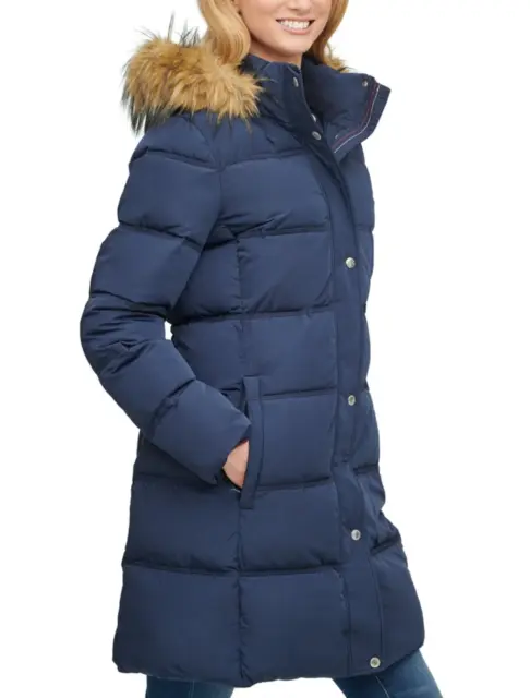 Tommy Hilfiger Womens Navy Faux Fur Trim Hooded Coat B5510 Size Small 2