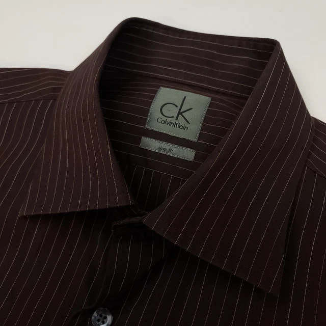 Camicia abito Calvin Klein 43 17 adatti come XL vestibilità slim marrone maniche lunghe a righe