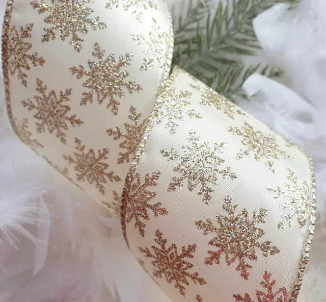 1m x 63mm  WIRED CHRISTMAS RIBBON Ivory Satin & Champagne Gold For Gift Tree Bow