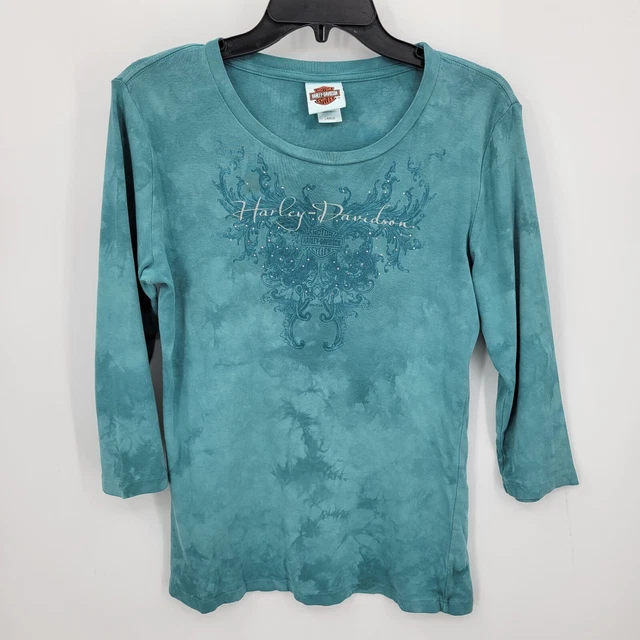 Harley Davidson Shirt Womens Large Blue Marbled Beaded Graphic Scoop Neck Top