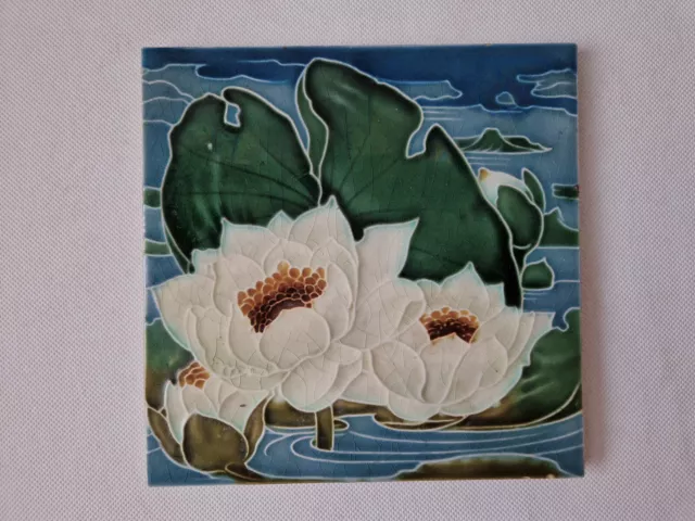 Antique Mintons China Works Art Nouveau Tile with Water Lilies decor Mintor