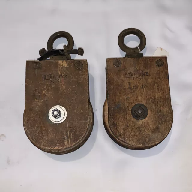 2 ANTIQUE STARLINE PULLEY Wood & Cast Iron Barn Tool, Hay Pulley, Steampunk