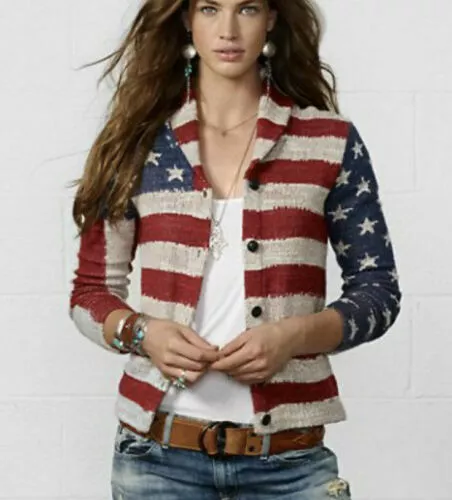 Women's RL Denim & Supply American Flag Chunky-Knit Cardigan - Size XS