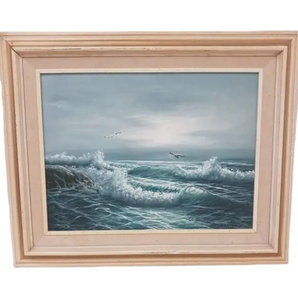 Oil Painting W. DAWSON Signed Original Canvas Seascape OCEAN Sea 17x21 Framed