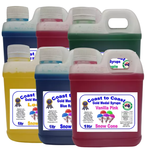 8 x 1lt, Asstd Flavours Snow Cone Syrups, Ready 2 Use, Shaved Ice, FREE POSTAGE,