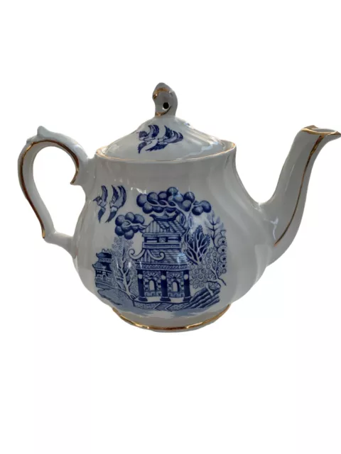 Sadler Blue Willow Teapot with Gold Gilt Trim - Made in England 5”