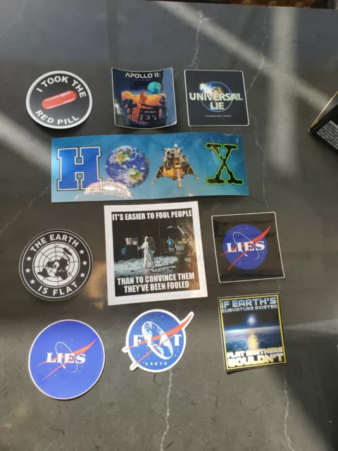 Flat Earth Stickers NASA LIES MOON HOAX VARIETY PACK of 10 *WORLDWIDE SHIPPING*