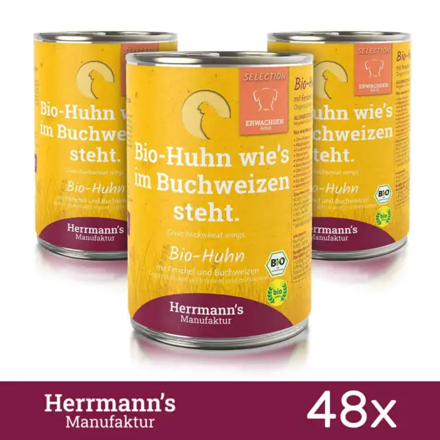 48 x Herrmanns comida para perros pollo orgánico con hinojo y alforfón MHD enero 400 gr 2024