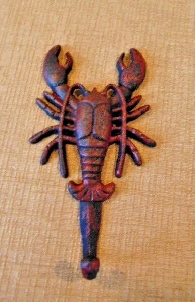 Cast Iron Lobster Signal Wall Hook Wrought Key Hook Nautical Sea Ocean Beach Red
