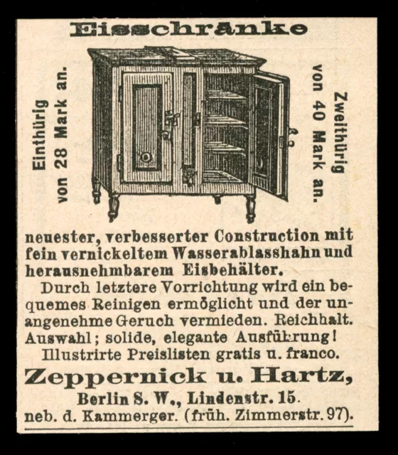 Alte Reklame Werbung 1887 Eisschränke Kühlschrank Zeppernick u. Hartz Berlin