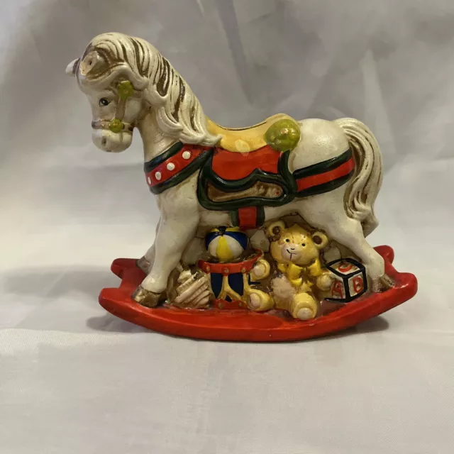 Vintage Enesco 1981 Hand Painted Ceramic Rocking Horse Piggy Bank