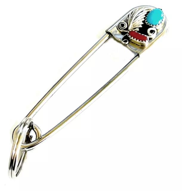 Handmade Safety Pin Sterling Silver Leaf Turquoise Coral Stones Navajo Indian