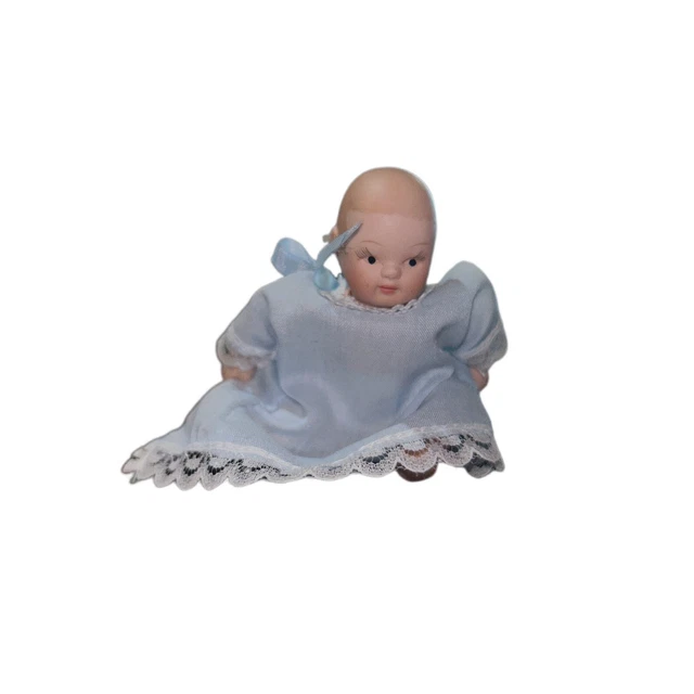 Vintage 4" Sittable Bisque / Porcelain 1920's Strung Baby Doll in Blue Nightie M