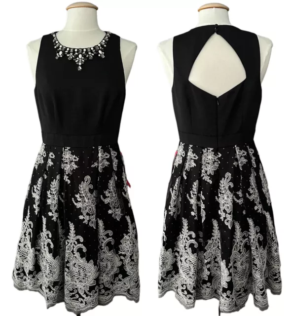 Eliza J Womens Dress 10 Black White Lace Overlay Jeweled Embellished Fit Flare