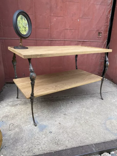 1910s Japan Finish Cast Iron/Oak Mercantile Table Industrial Victorian TV Stand