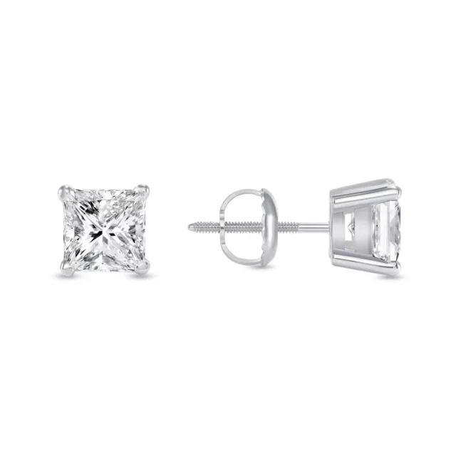 1/2 Ct Princess Created Diamond Earrings Studs Real 14K White Gold Basket Screw