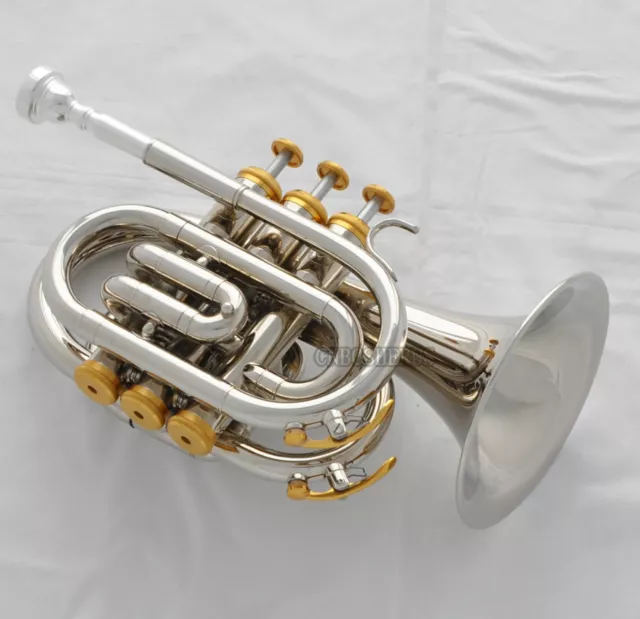 High grade Silver Nickel Plated Pocket Trumpet B-flat Horn Large bell New Case