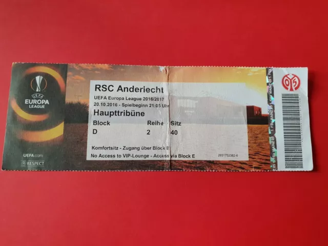 Used Ticket UEFA CL EL 2016/17 1.FSV Mainz 05 vs RSC Anderlecht