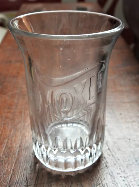 Early Embossed Moxie Logo Soda Fountain Glass 4" Tall & NICE