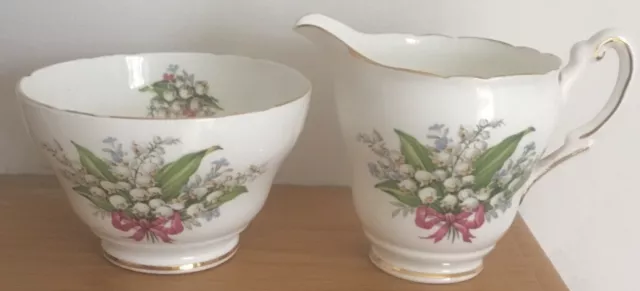 Lovely Vintage Regency Bone China Milk Jug & Sugar Bowl “Lily Of The Valley” Vgc