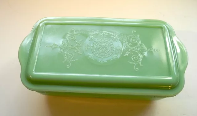 Vintage Fire-King Jadeite Philbe Green Glass Rectangle Refrigerator Dish & Lid