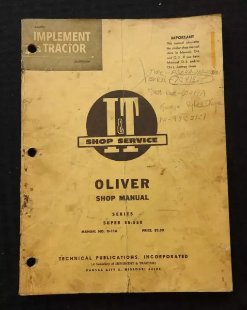1960 Oliver Super 55 550 Tractor I T Shop Service Repair Manual Acceptable