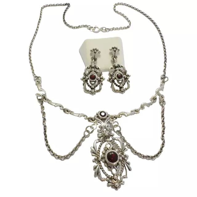 Set Trachtenschmuck Collier Halskette + Ohrstecker Granat 925 er Silber  Tracht