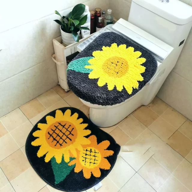 3PC Sunflower Pedestal Toilet Washable Bathroom Set Bath Rug Mat Small & Large