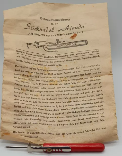 Aguja de bordado Ajenda con instrucciones de uso antiguo coleccionista vintage