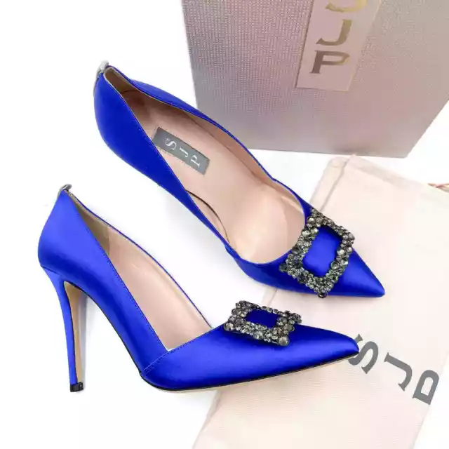 New SJP Sarah Jessica Parker Windsor Satin Pumps Blue Crystal Sz 36.5 / 6.5 3