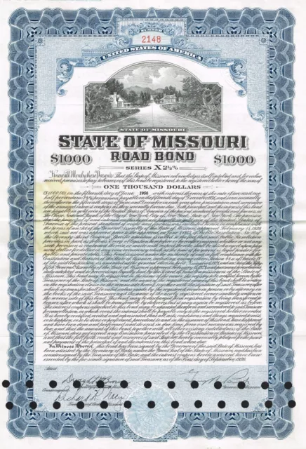 USA STATE OF MISSOURI ROAD BOND stock certificate $1000