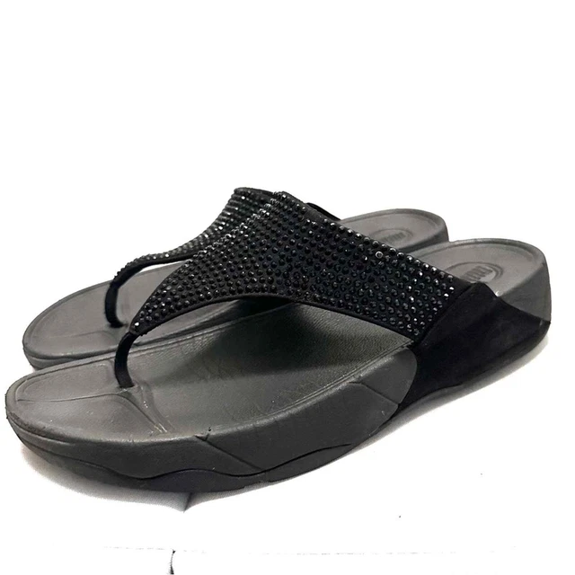 Fitflop Glitzie Rhinestone Casual Slip On Flip Flop Sandal Shoe Black Womens 10