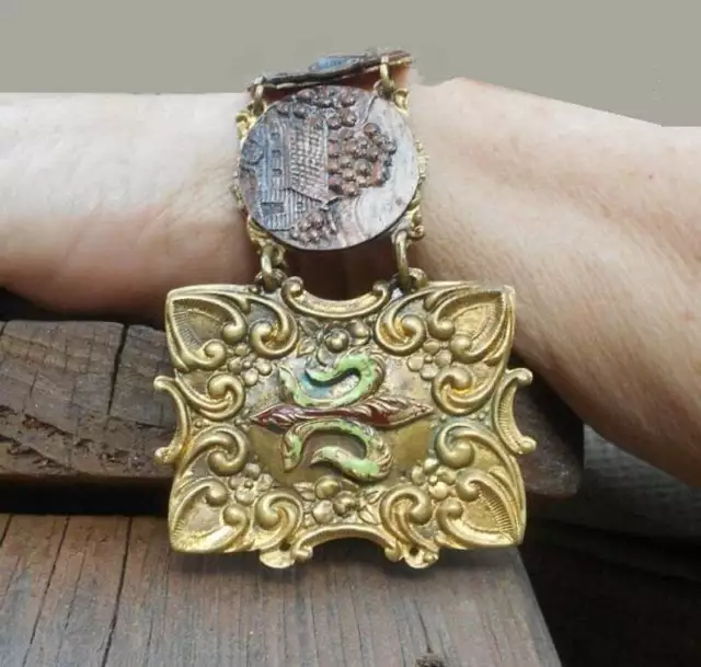 Victorian Etruscan Brass Cuff Bracelet 100 Yr old Copper Pieces of Traveler 7-9"