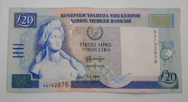 2004 - Central Bank Of Cyprus - £20 (Twenty) Lira /Pounds Banknote No. AA 752876