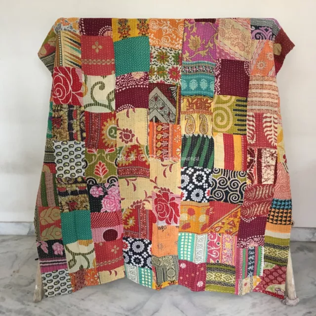 Kantha Quilt réversible vintage patchwork multicolore double couverture...