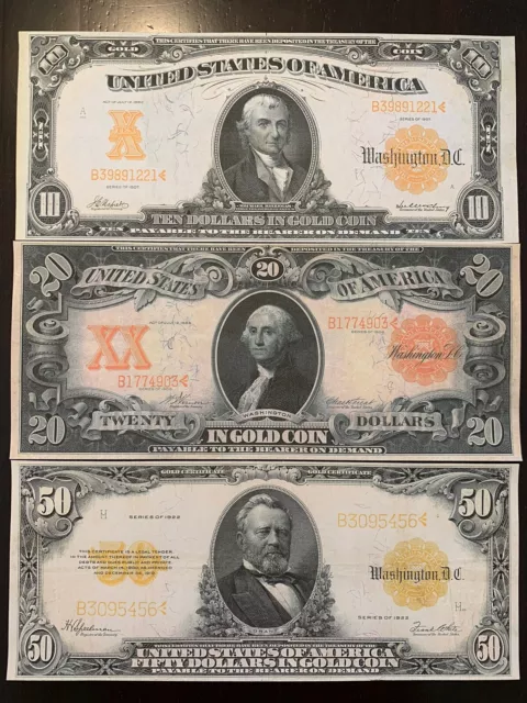Reproduction Copy Set $10 $20 $50 Bills Gold Certificate Set 1906-1922
