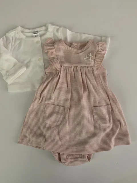 Carters Baby Girl Cardigan Bodysuit Dress Set Size 6 9 Months Pink White Striped