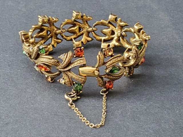 Vintage Coro Signed Gold Tone Link Bracelet Multi-colored Stones Costume Jewelry
