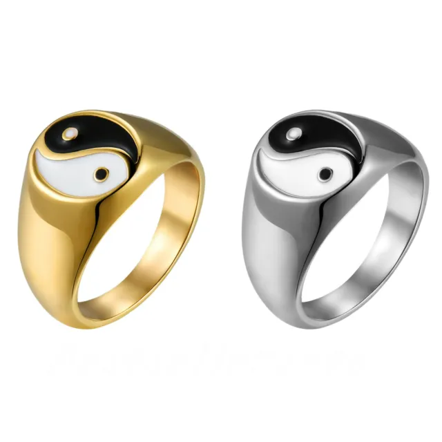 Men Women Stainless Steel Tai Chi Yin Yang Bagua Signet Ring Band Size 7-12