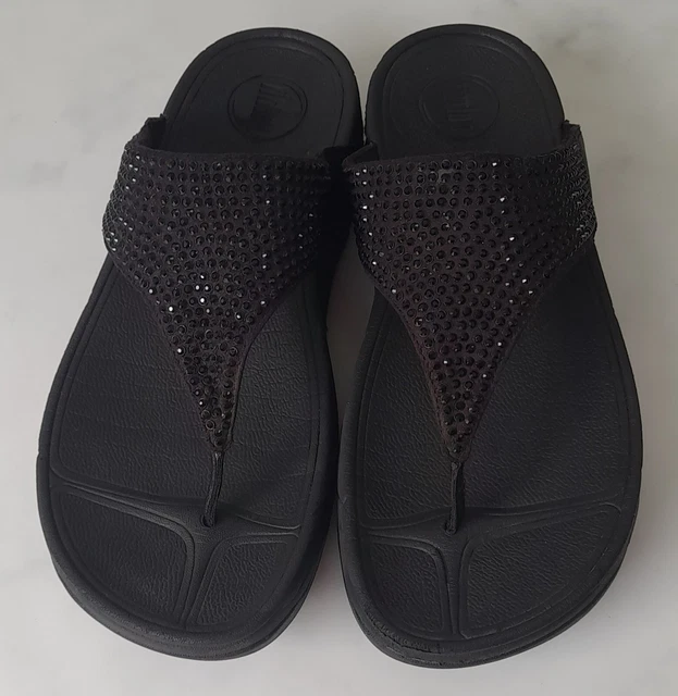 Fitflop Rokkit Size 7/41 Black Suede Rhinestone Flip Flops Good Used Condition