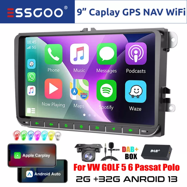 9" Autoradio DAB+ Carplay Android 13 2+32G GPS Cam Per VW GOLF 5 6 Touran Caddy