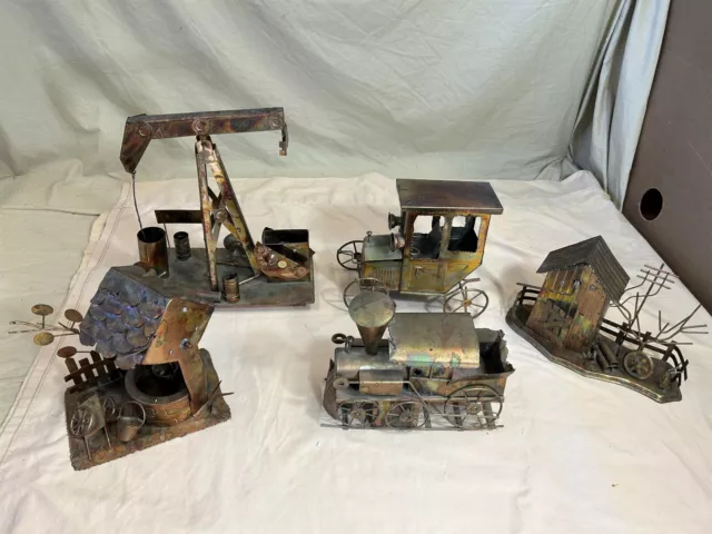 Lot of 5 Vintage SCRAP METAL MUSIC BOXES: Train, Car, Oil Derrick, Windmill,Well