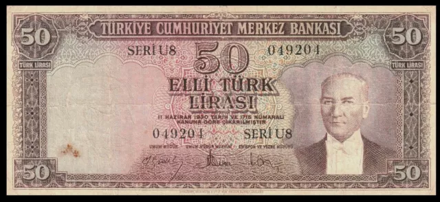 🇹🇷 TURKEY ATATURK 50 LIRA 1957 ,  P-165 Prefix : U 8  BANKNOTE