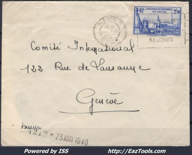 France N° 458 Seul Sur Lettre Pour Geneve Suisse De Nimes Du 24/06/1940