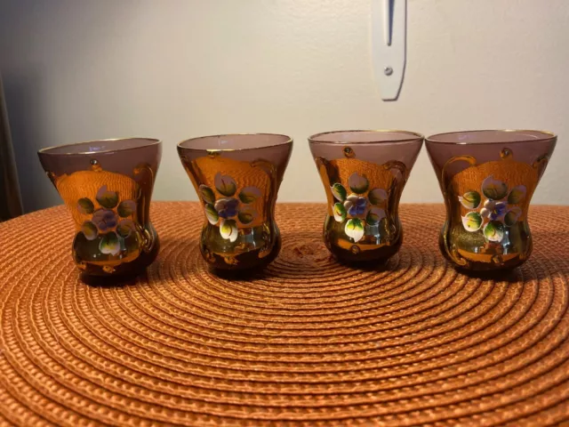 Fancy Hand Painted Blown Glass Purple Shot Glasses Set of 4