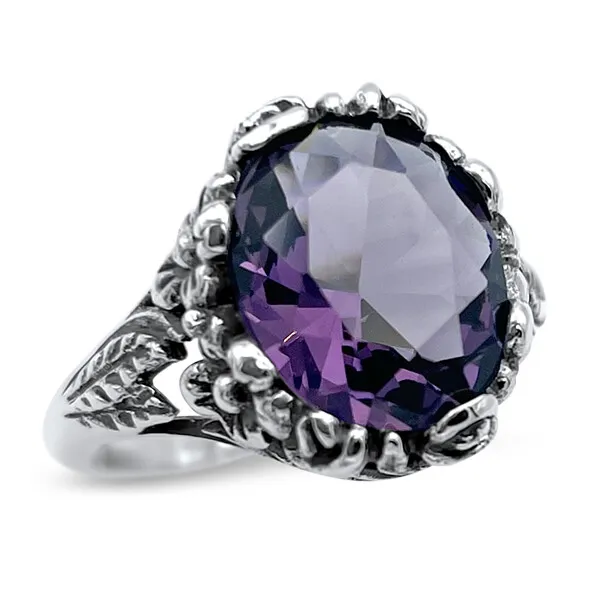 Nouveau Floral 925 Sterling Silver Sim Amethyst Ring Vintage Design        #1351